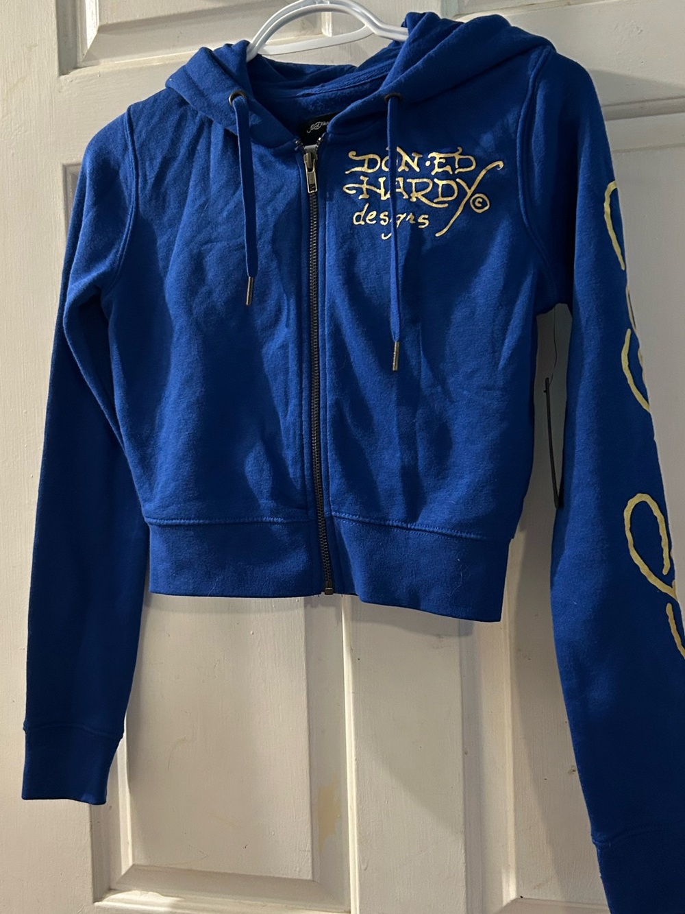 Ed Hardy Royal Blue Cropped Zip Hoodie with Yellow Script